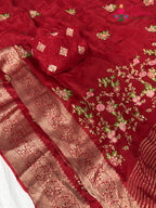 complete look of red chinnon resham embroidery saree