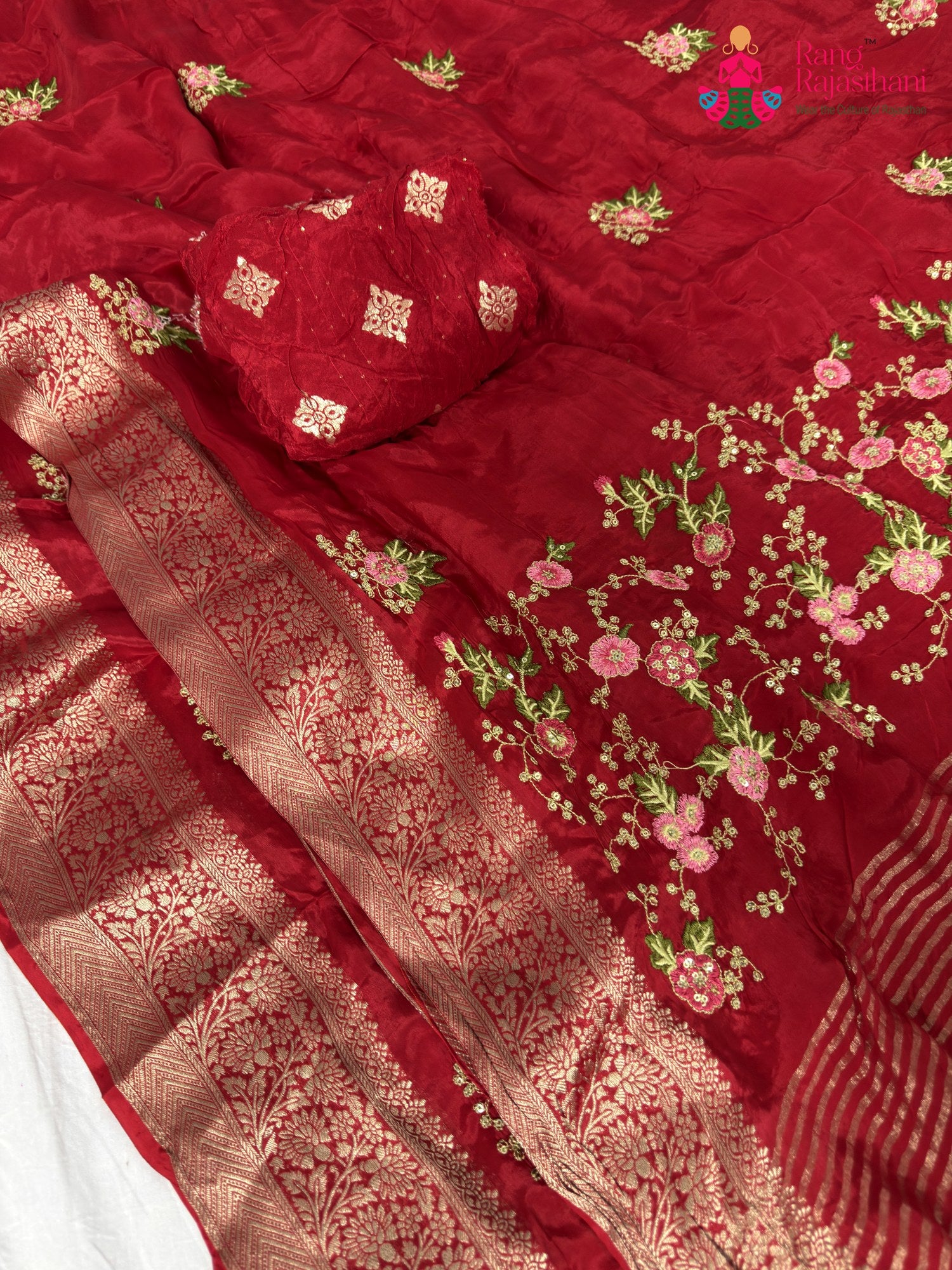 Red Chinnon Resham Embroidery Saree for Wedding Guest | Designer Collection