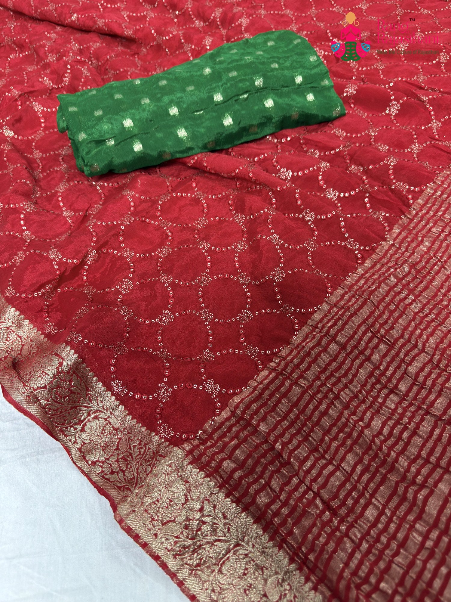 complete look of red chinnon sequin saree