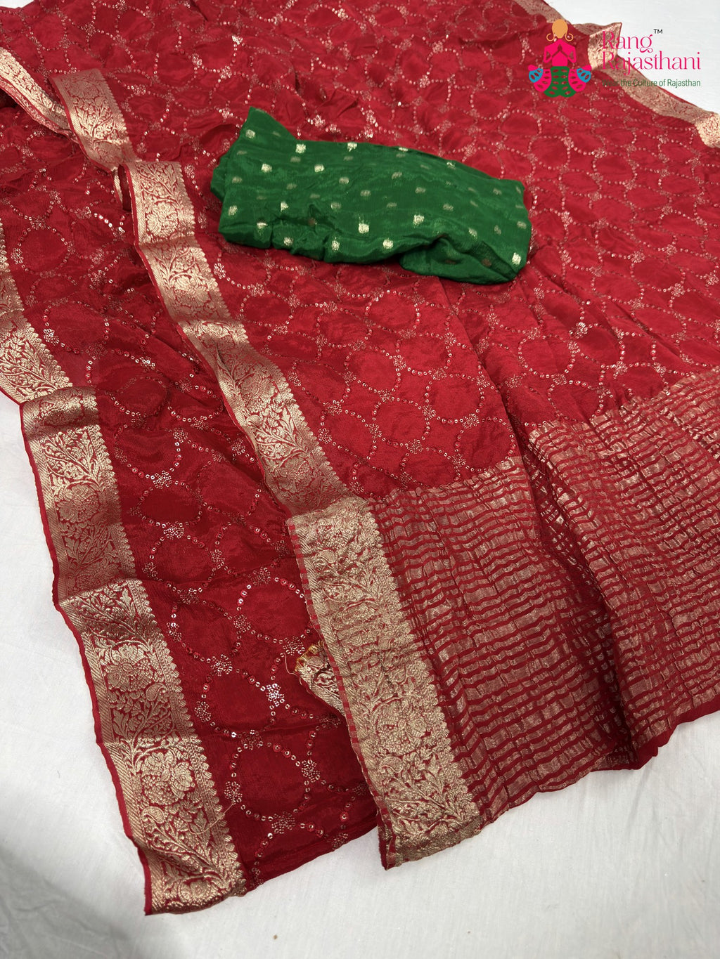 border detailing of red chinnon sequin saree