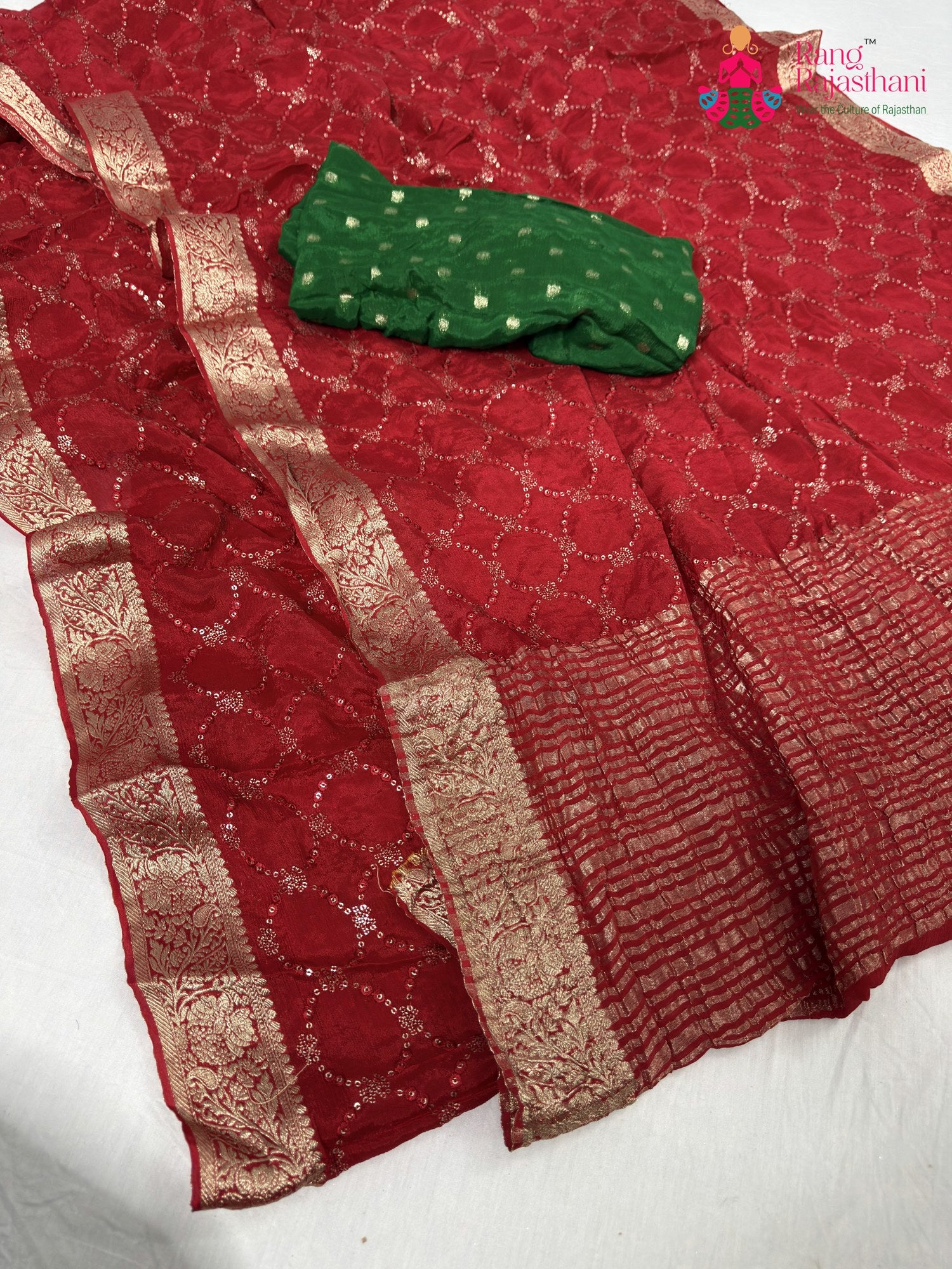 border detailing of red chinnon sequin saree