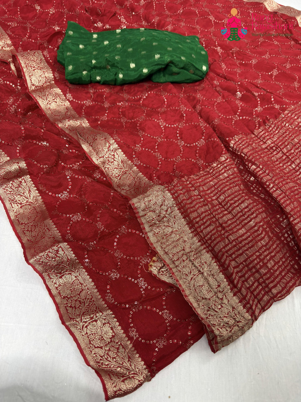 fabric texture of red chinnon sequin saree