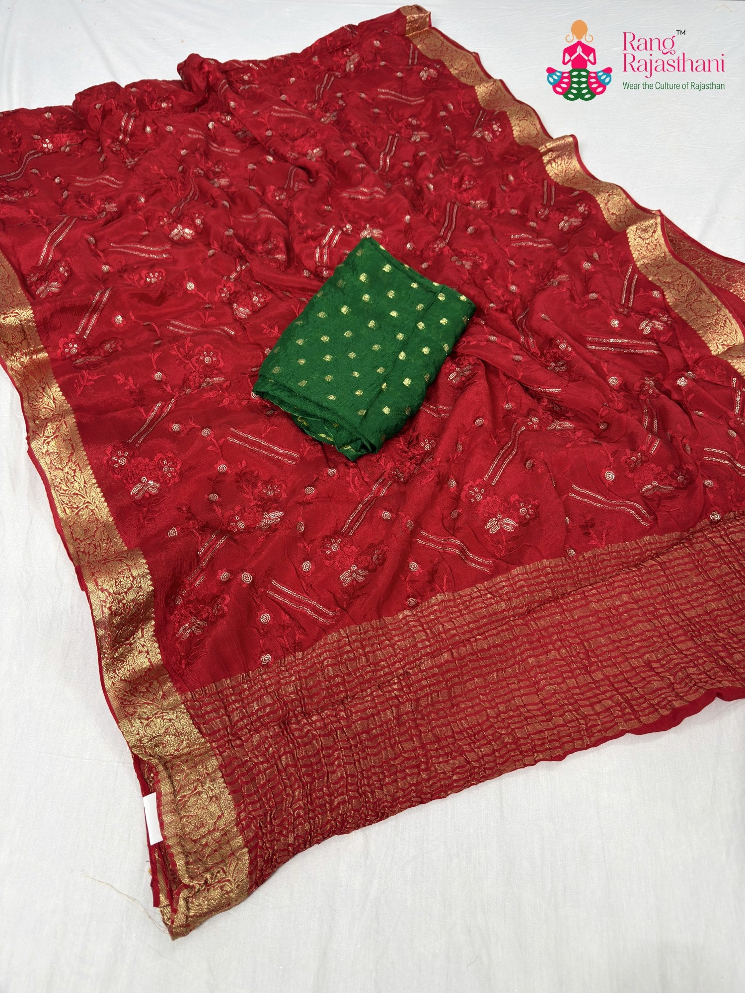 red chinnon sequin saree for bridal wear by Rang Rajasthani