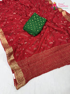pallu detailing of red chinnon sequin saree