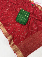 close up detailing of red chinnon sequin saree