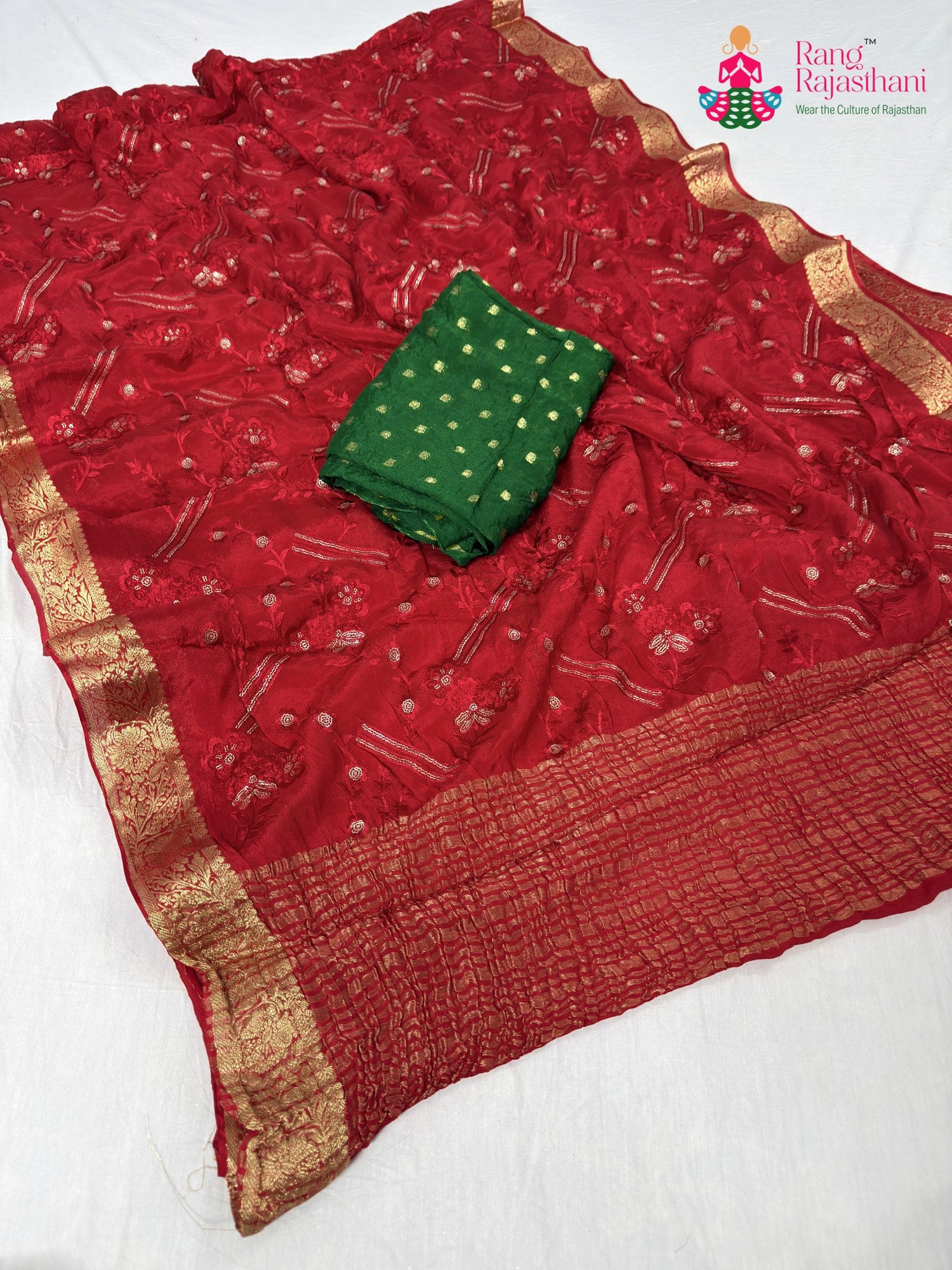 complete look of red chinnon sequin saree