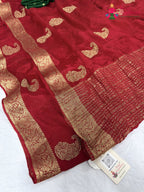 complete look of red chinnon zari embroidery saree