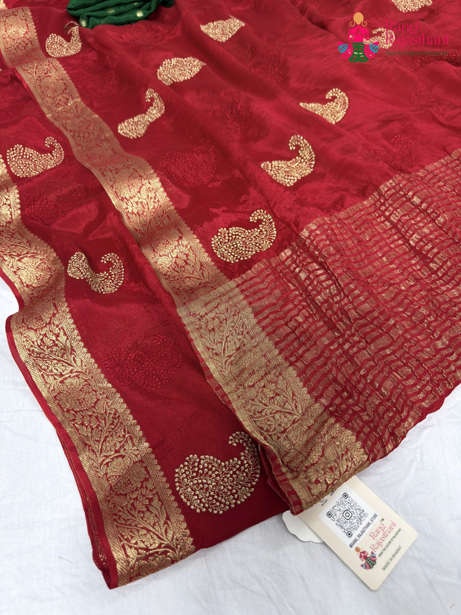 complete look of red chinnon zari embroidery saree