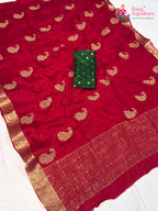 red chinnon zari embroidery saree ethnic wear by Rang Rajasthani