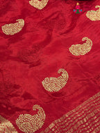 border detail of red chinnon zari embroidery saree