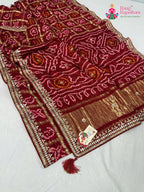 close up detailing of red gajji silk bandhani saree