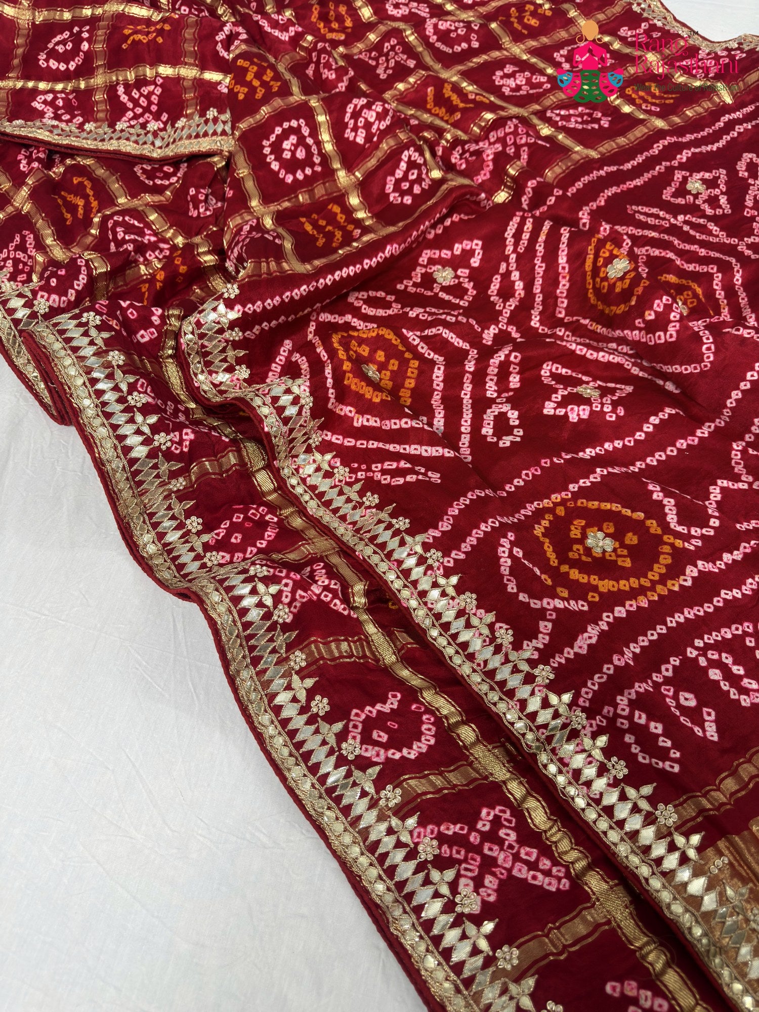 complete look of red gajji silk bandhani saree