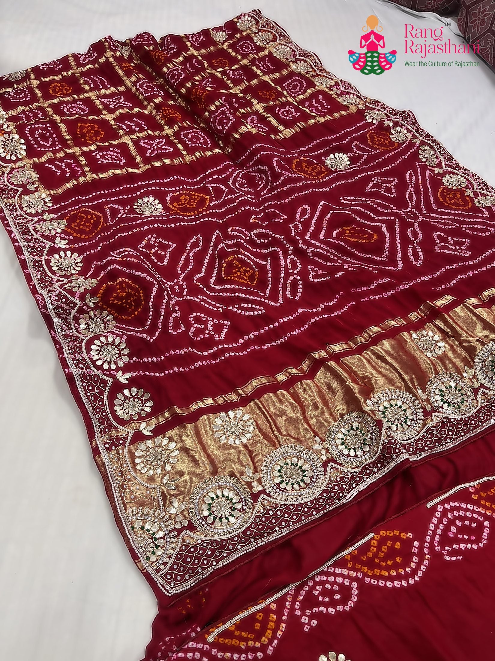 red gajji silk gota patti saree for mayra ceremony by Rang Rajasthani
