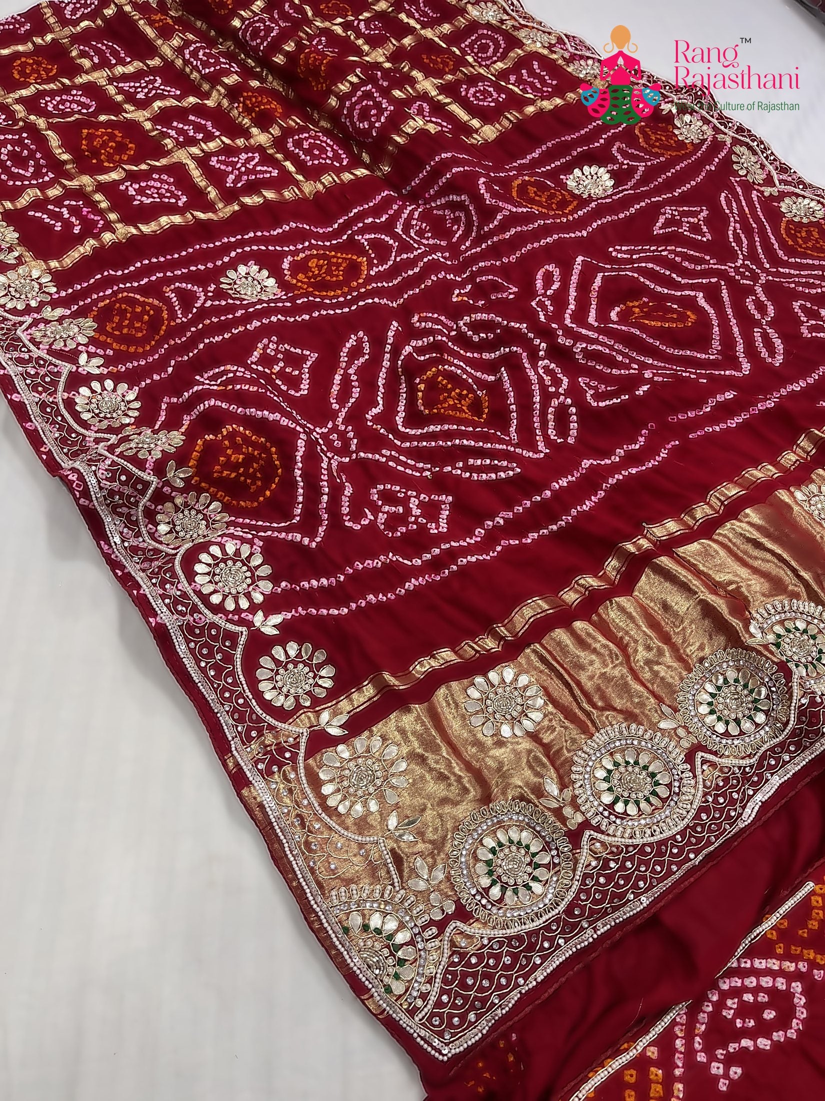 pallu detailing of red gajji silk gota patti saree