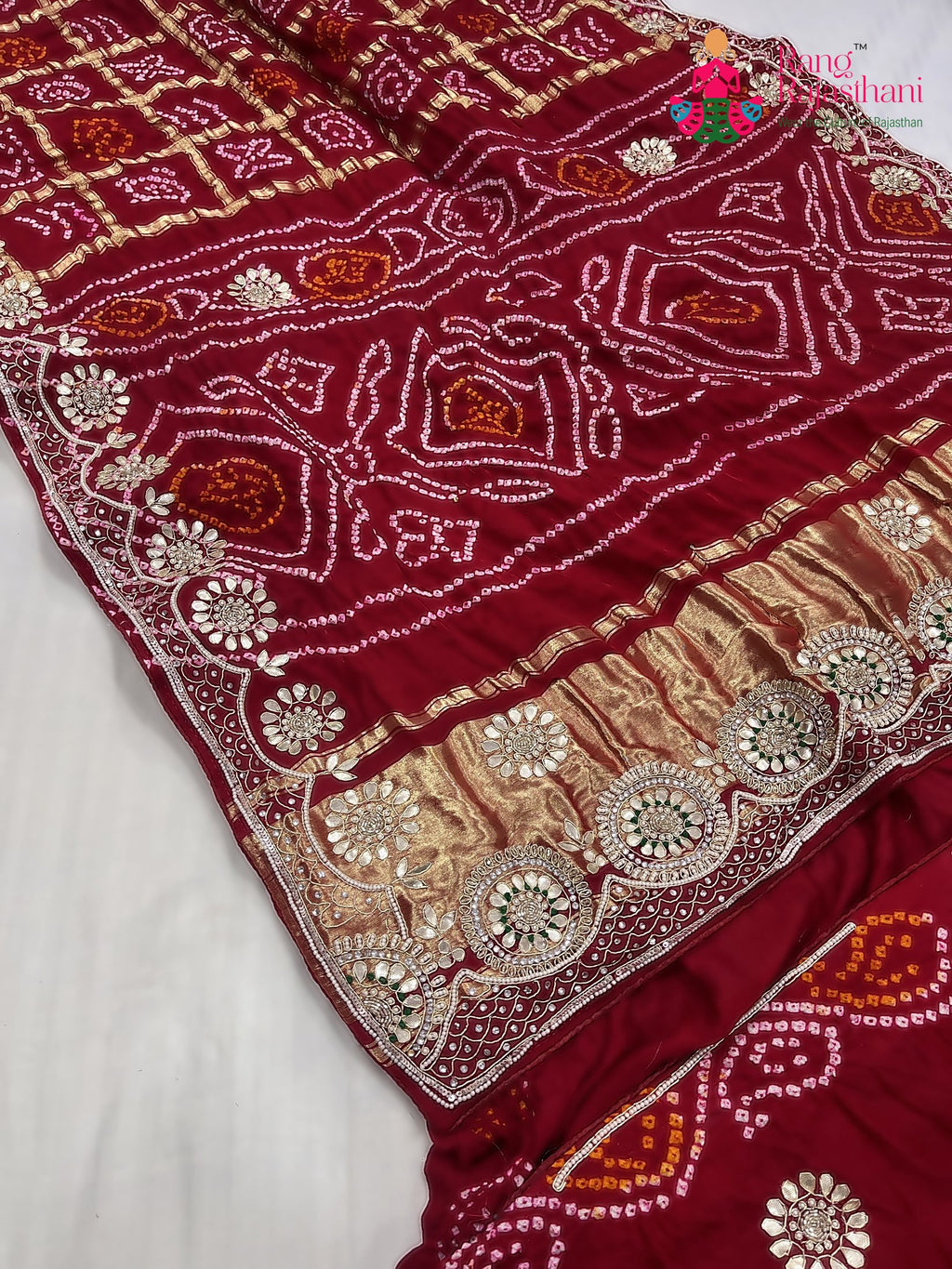 complete look of red gajji silk gota patti saree