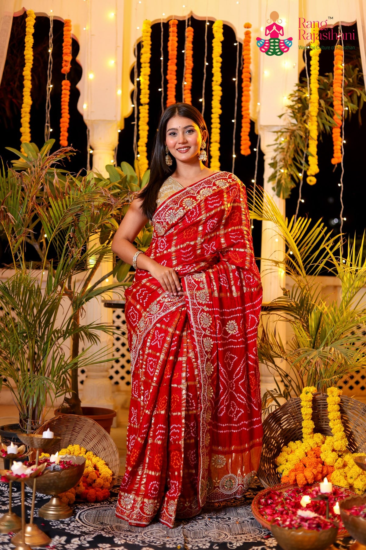 Red Pure Gaji Silk Hand Tie Dye Bandhani Gharchola Saree for Mayra Ceremony | Shop Online