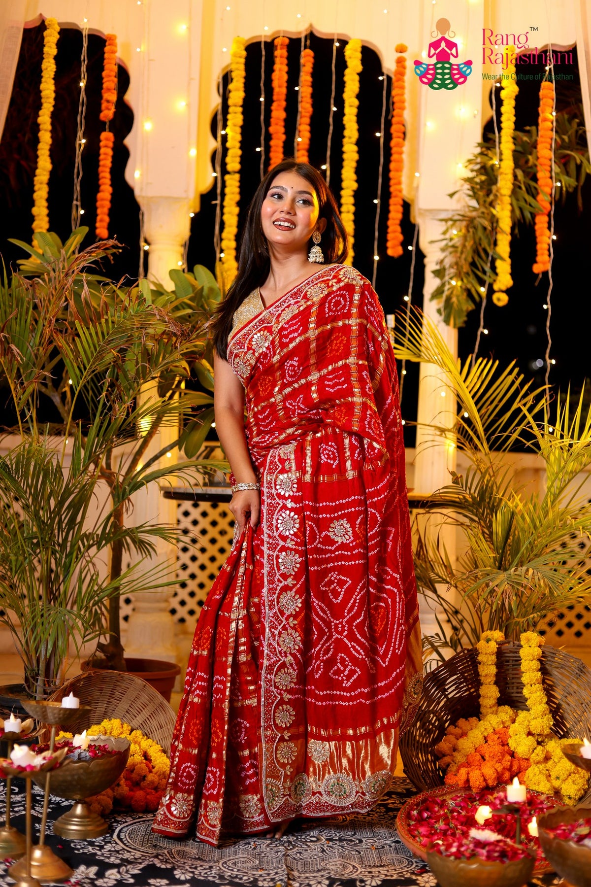 Red Pure Gaji Silk Hand Tie Dye Bandhani Gharchola Saree for Mayra Ceremony | Shop Online