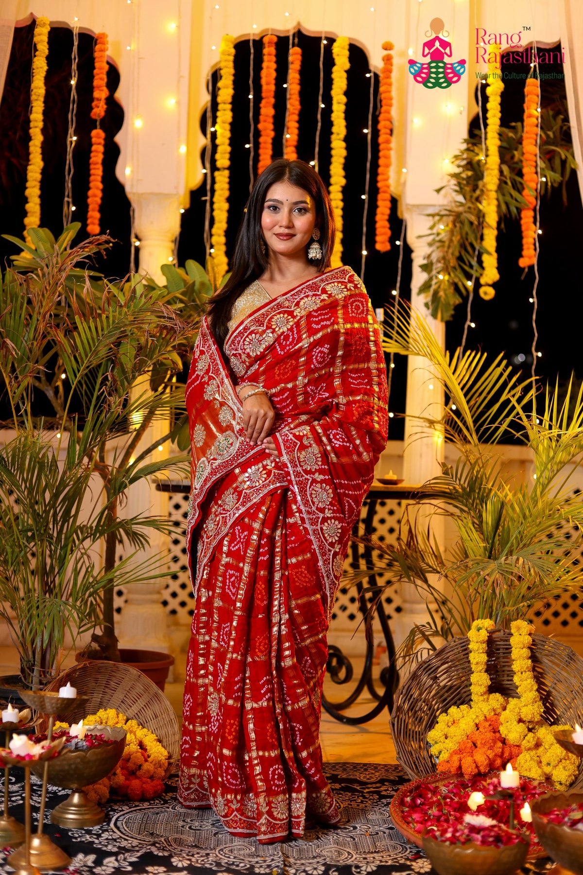 Red Pure Gaji Silk Hand Tie Dye Bandhani Gharchola Saree for Mayra Ceremony | Shop Online