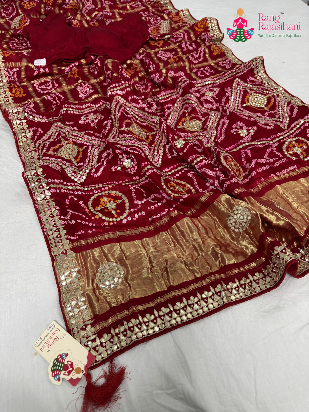 pallu detailing of red gajji silk gota patti saree