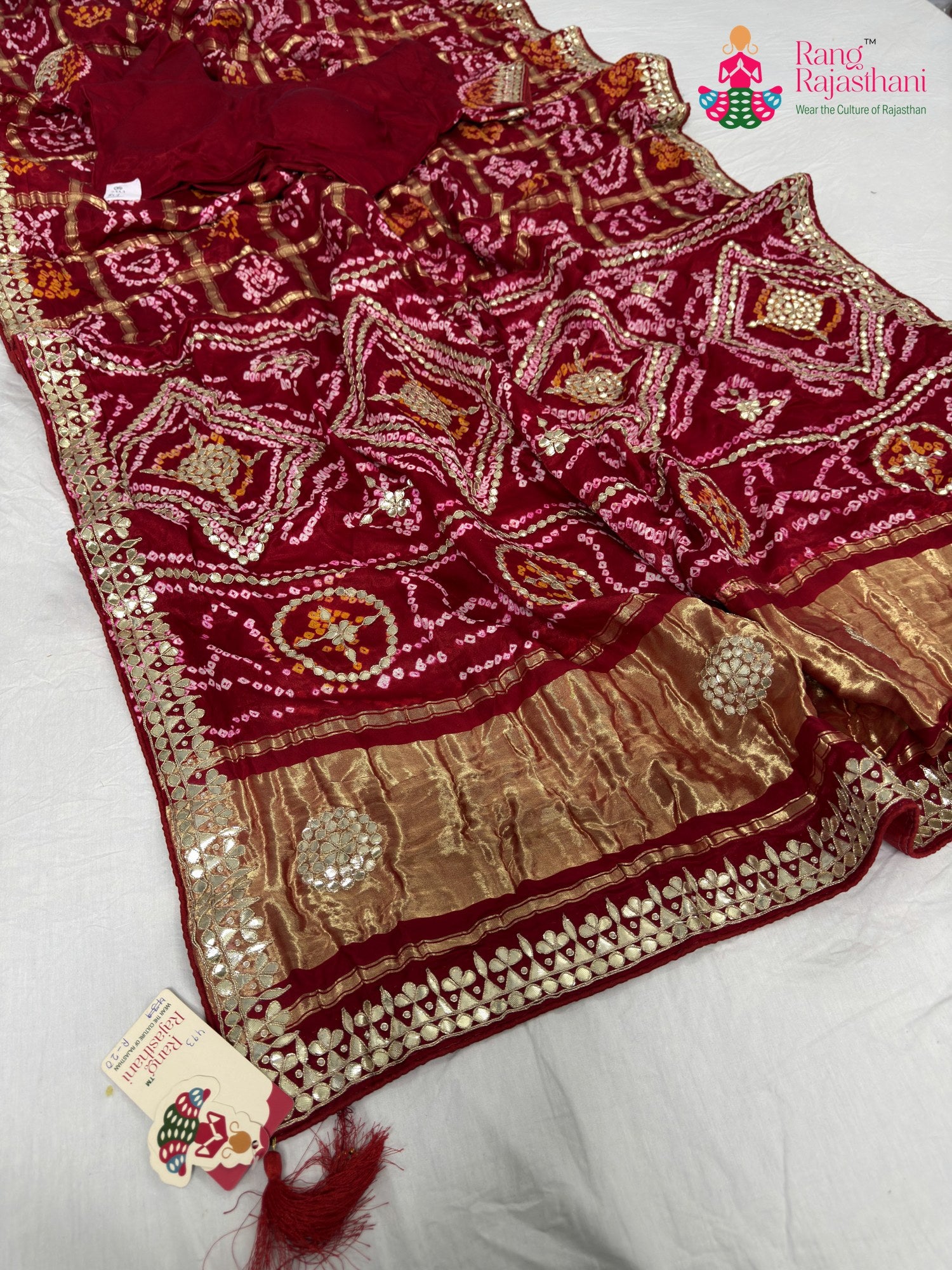 pallu detailing of red gajji silk gota patti saree