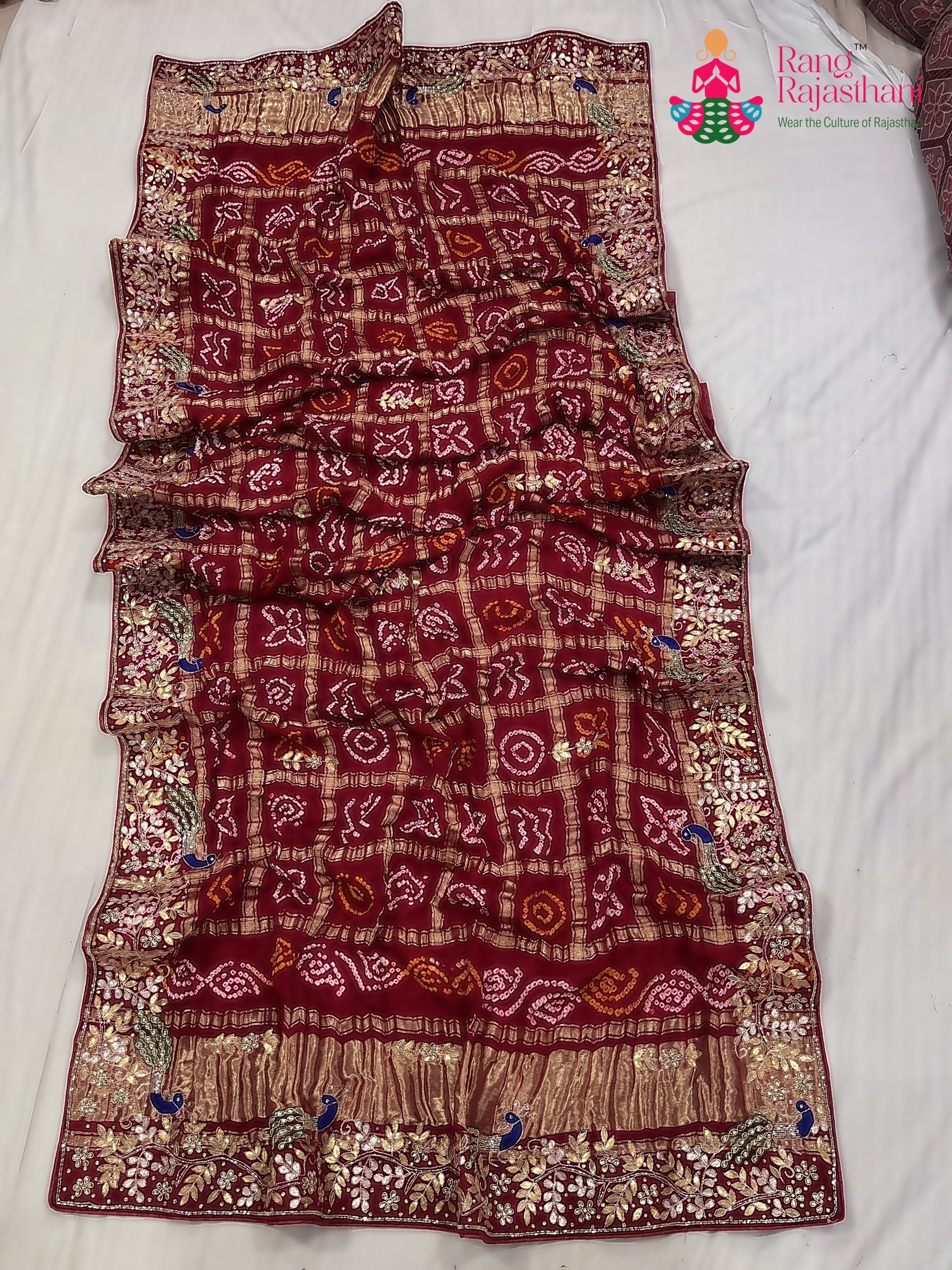 red gajji silk hand embellishment dupatta 3752 for mayra ceremony by Rang Rajasthani