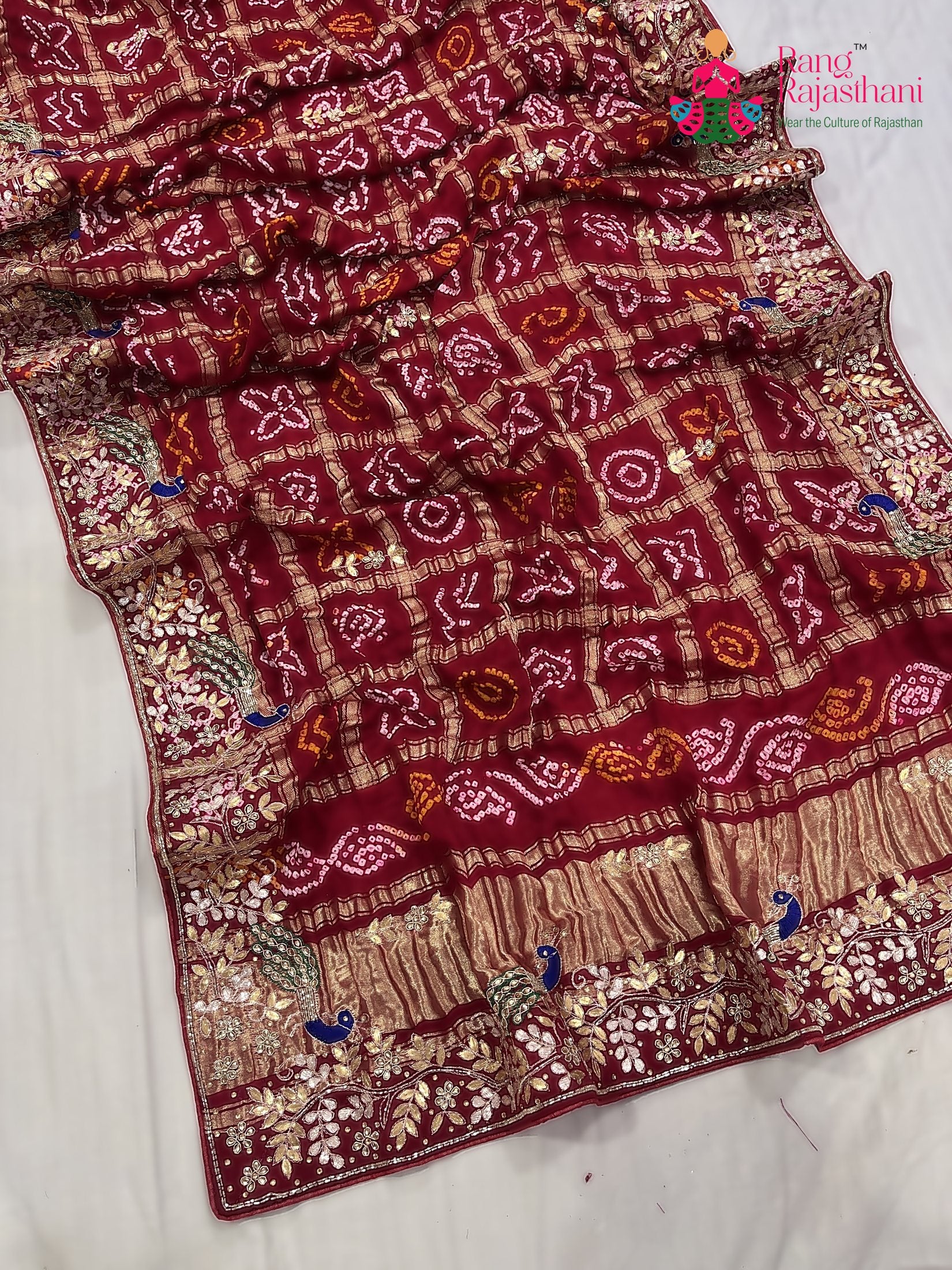 pallu detailing of red gajji silk hand embellishment dupatta 3752