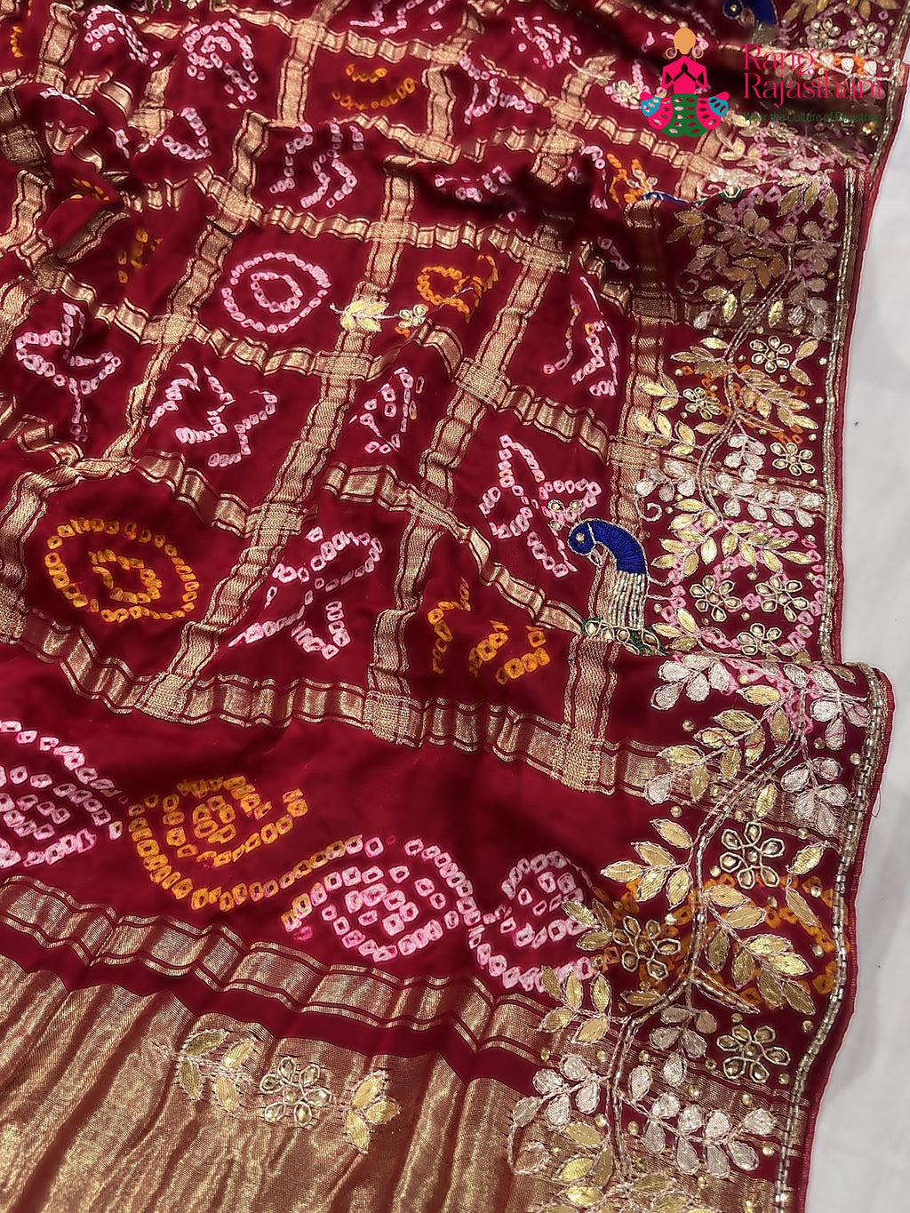 close up detailing of red gajji silk hand embellishment dupatta 3752