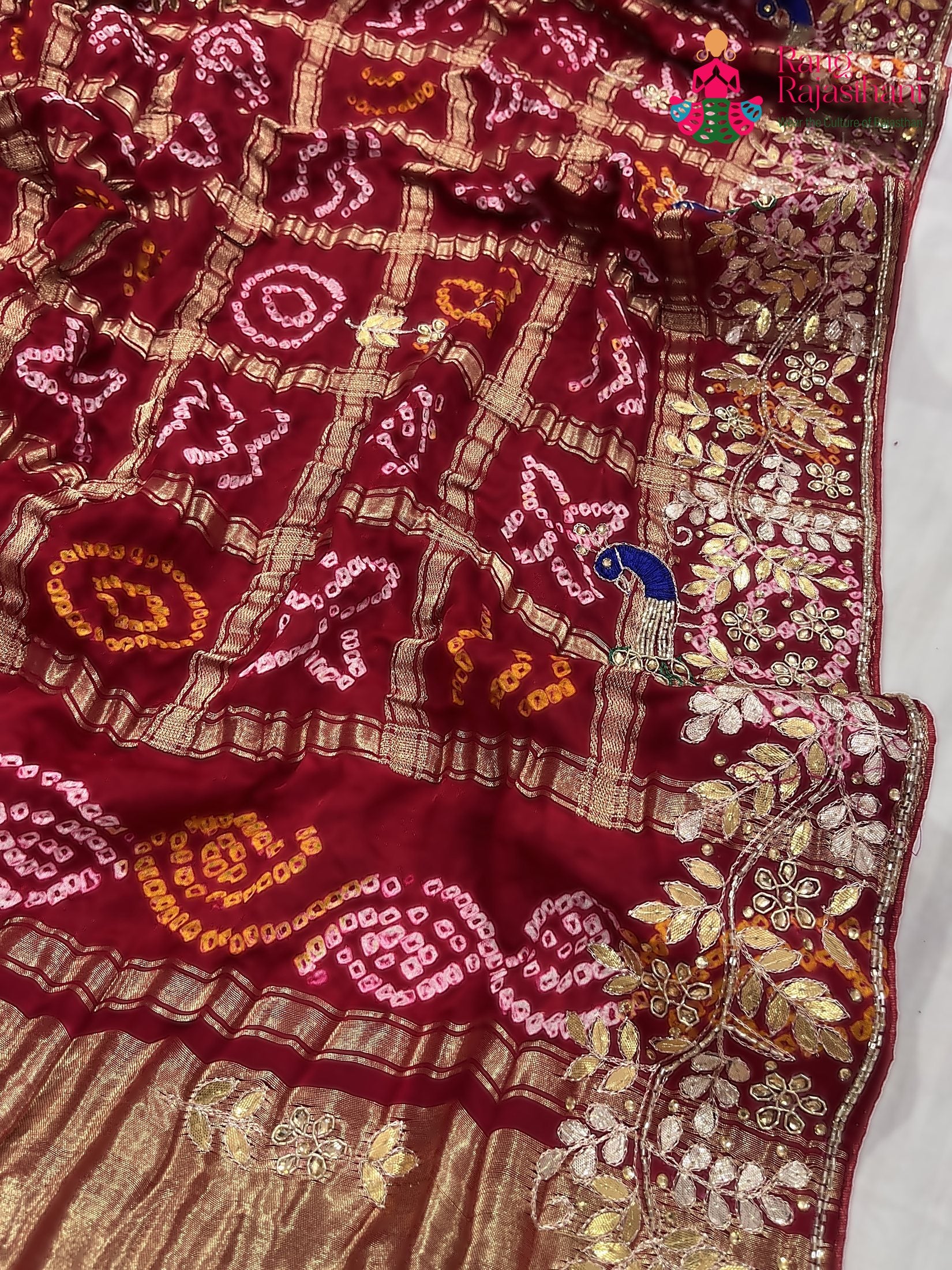 close up detailing of red gajji silk hand embellishment dupatta 3752