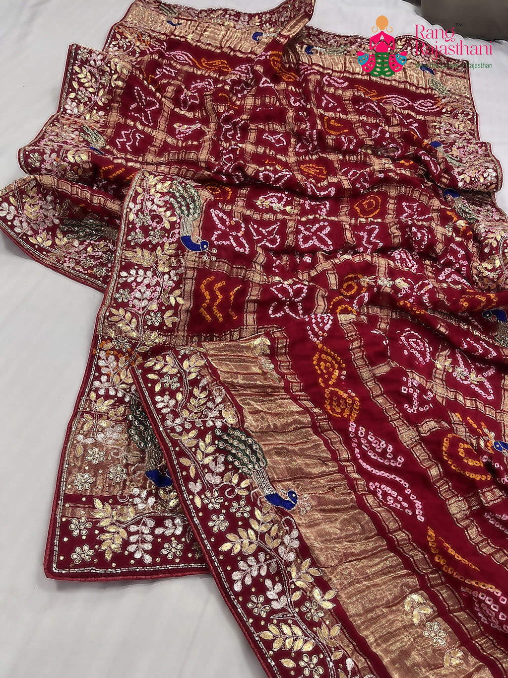 fabric texture of red gajji silk hand embellishment dupatta 3752