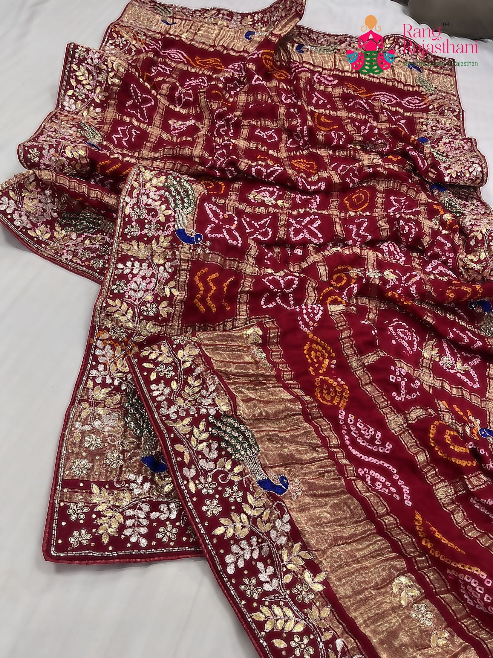 fabric texture of red gajji silk hand embellishment dupatta 3752