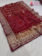 red gajji silk hand embellishment saree for mayra ceremony by Rang Rajasthani