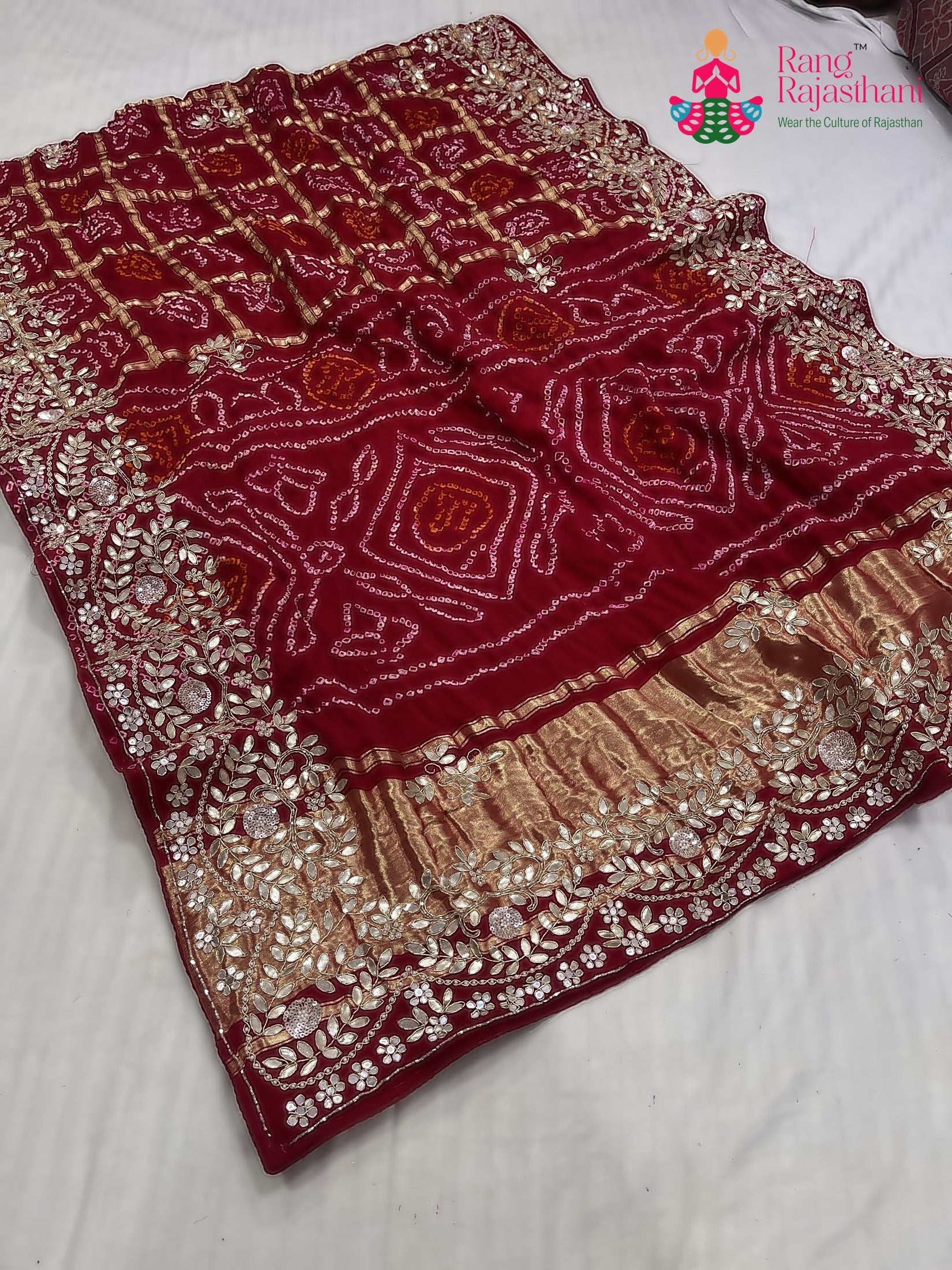 red gajji silk hand embellishment saree for mayra ceremony by Rang Rajasthani
