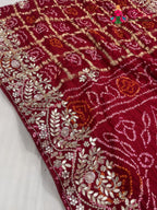 pallu detailing of red gajji silk hand embellishment saree