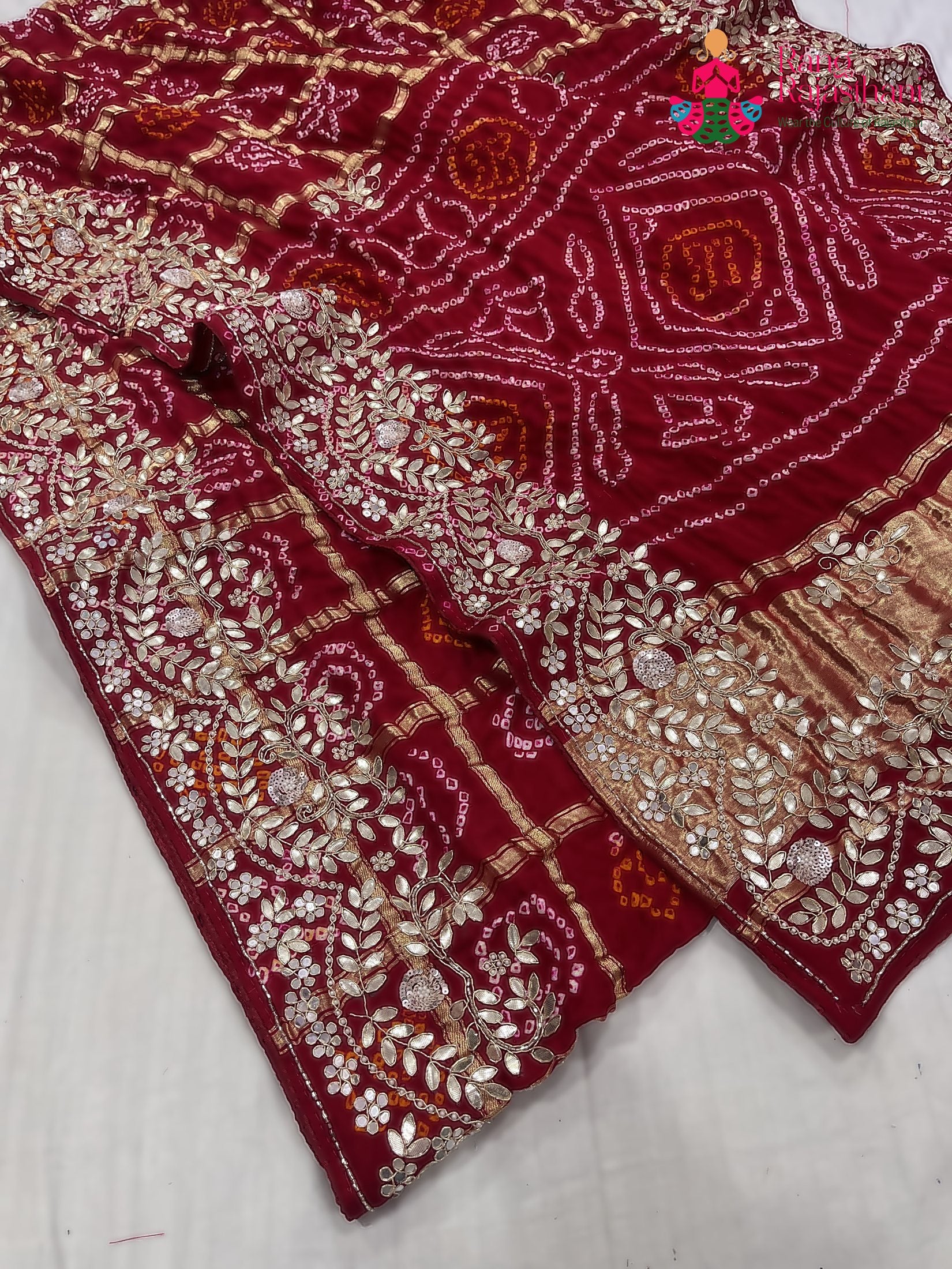 complete look of red gajji silk hand embellishment saree