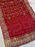 pallu detailing of red gajji silk hand embellishment saree
