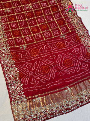 Red Pure Gaji Silk Hand Tie Dye Bandhani Gharchola Saree for Mayra Ceremony | Order Online