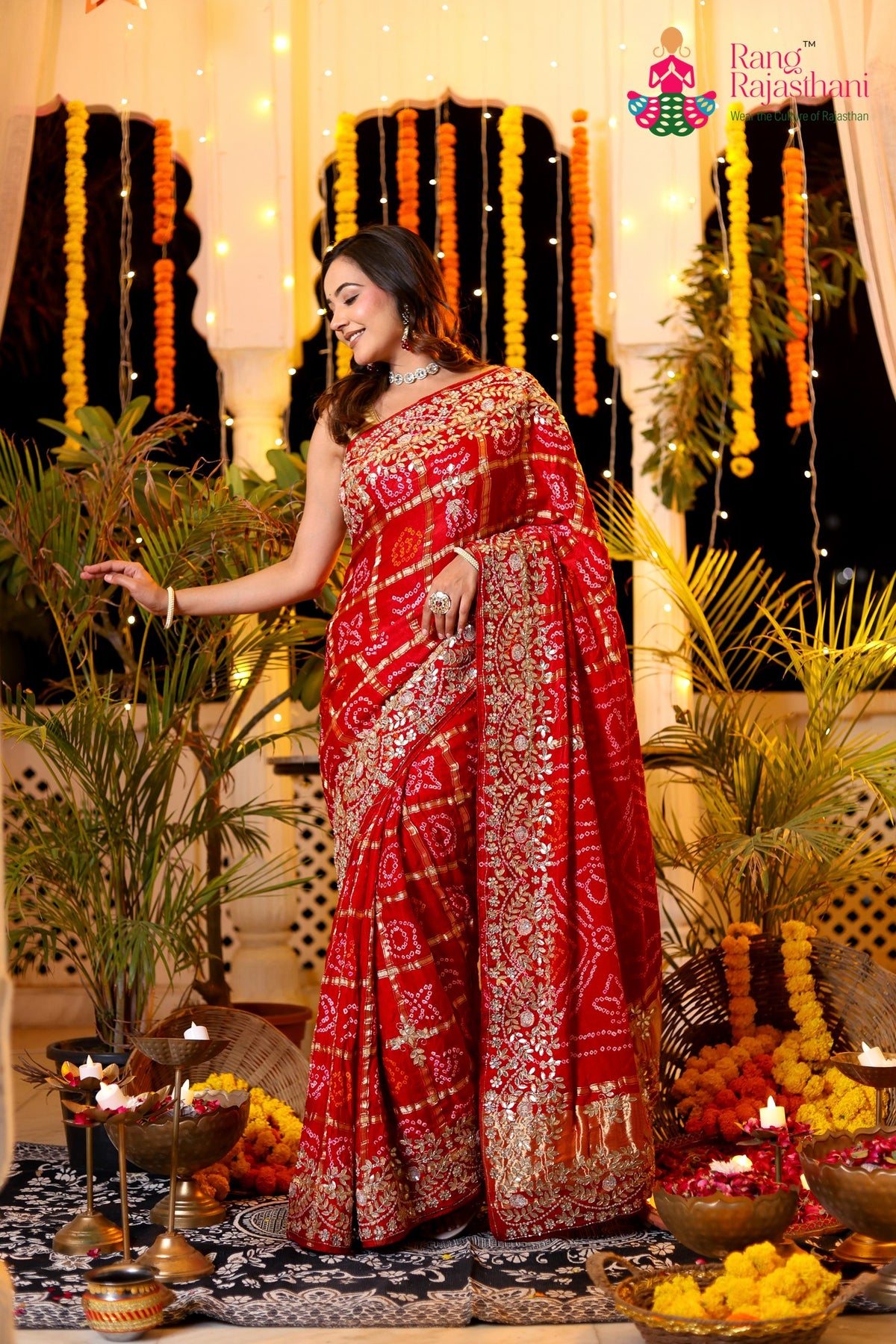 Red Pure Gaji Silk Hand Tie Dye Bandhani Gharchola Saree for Mayra Ceremony | Order Online