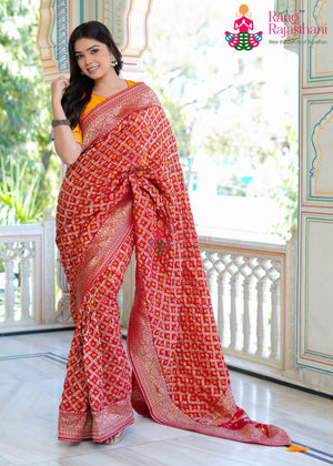 Red Pure Dola Silk Hand Tie Dye Bandhani Gharchola Saree for Karwa Chauth | Wedding Ready