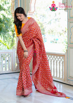Red Silk saree with Banarasi Ghatchola and Bandhani side drape view