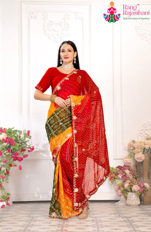 Red Soft Georgette Bandhani Print Chunri Saree for Mayra Ceremony | Festive Edit