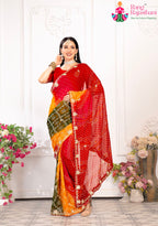 Red Pure Georgette saree with Bandhani and Handwork side drape view