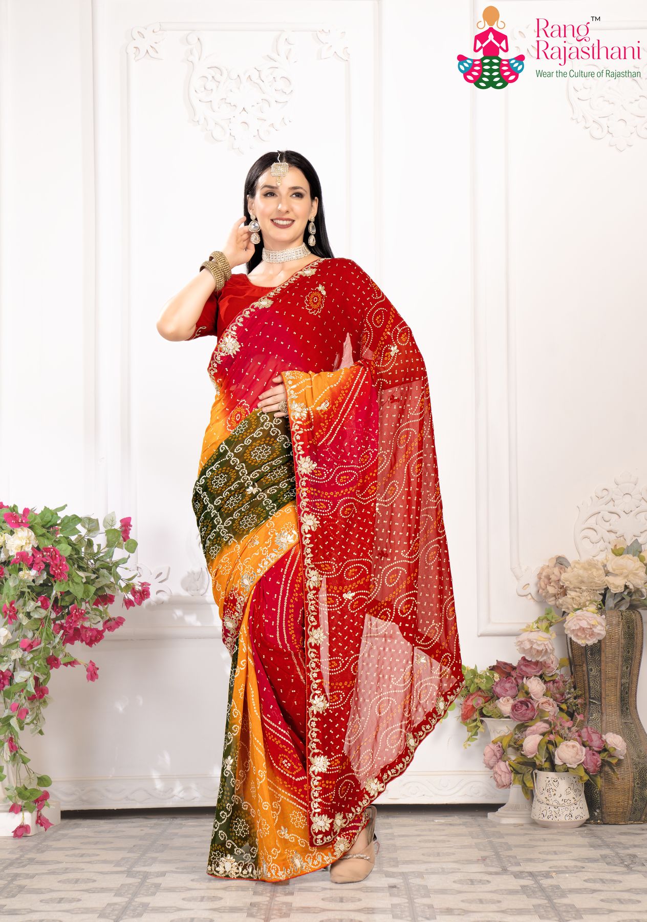 Multicolor Bandhej Georgette Saree : Handwork Heritage Glow