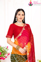 Red Pure Georgette saree with Bandhani and Handwork close up detailing