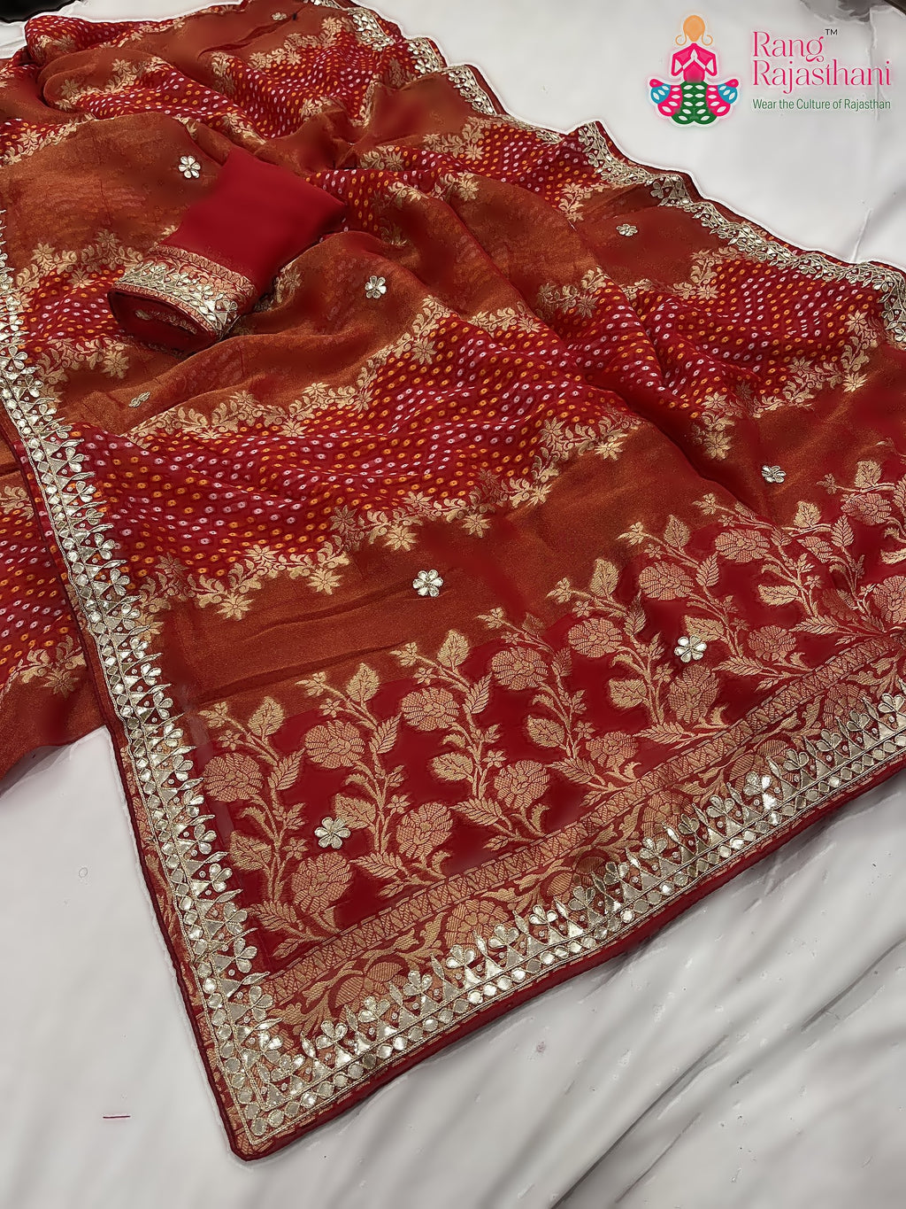 red khaddi gota patti saree for karwa chauth by Rang Rajasthani
