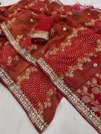 border detailing of red khaddi gota patti saree 