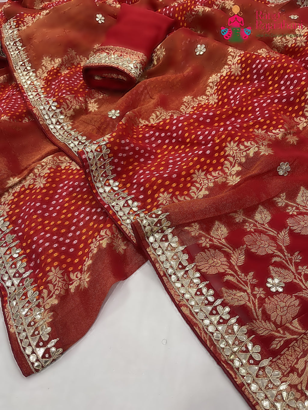 pallu detailing of red khaddi gota patti saree 