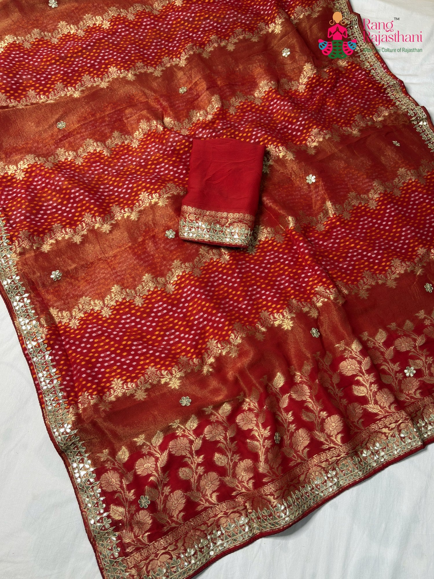 Red Pure Khaddi Georgette Gota Patti Chunri Saree for Karwa Chauth | Heritage Edit