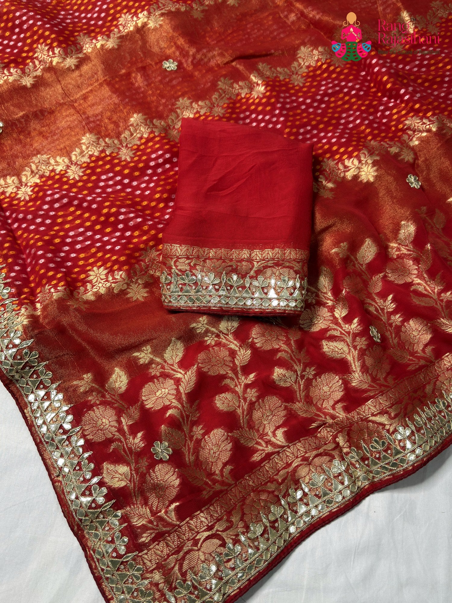 Red Pure Khaddi Georgette Gota Patti Chunri Saree for Karwa Chauth | Heritage Edit