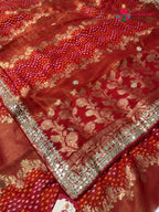 design pattern of red khaddi gota patti saree