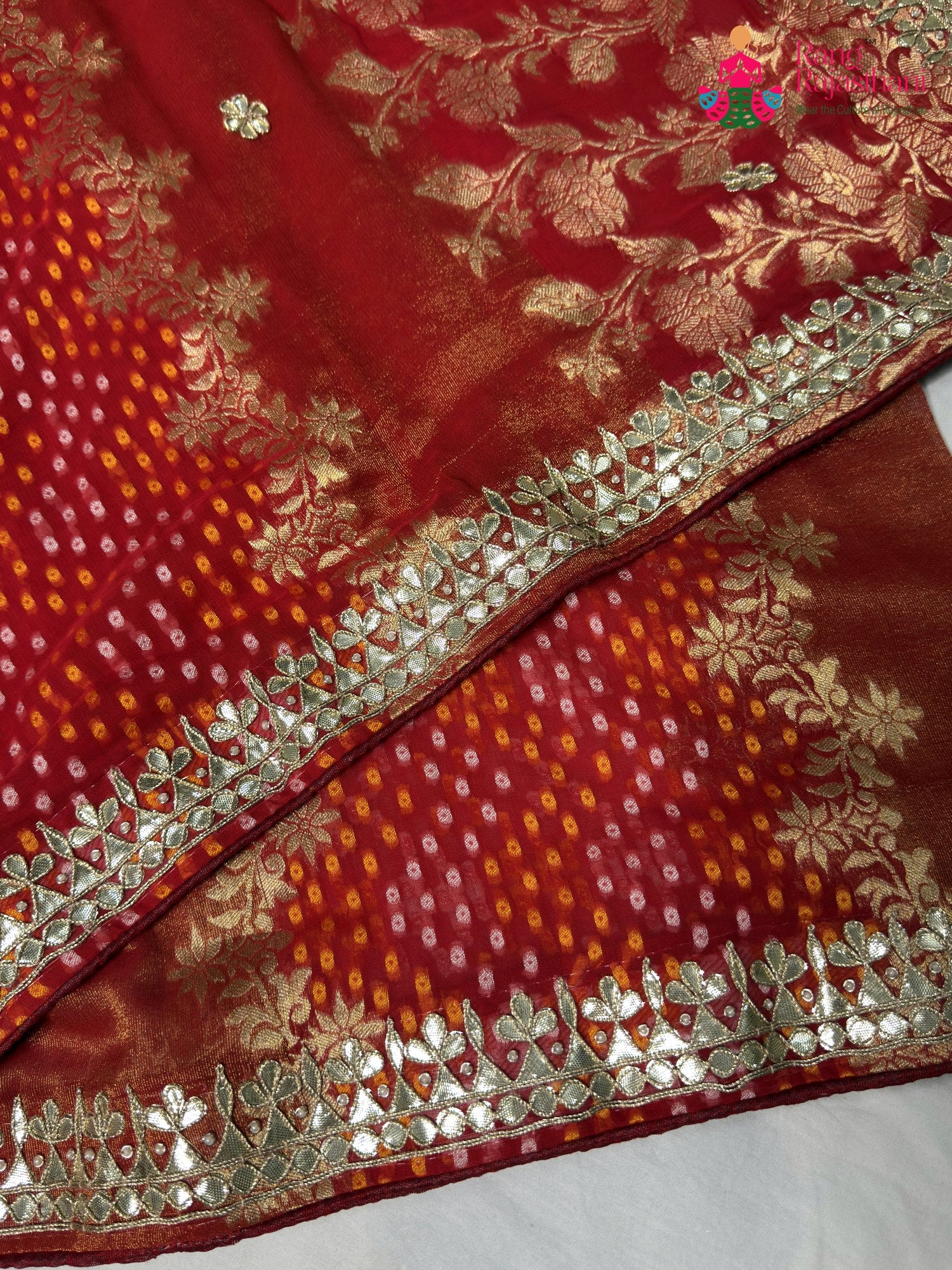 Red Pure Khaddi Georgette Gota Patti Chunri Saree for Karwa Chauth | Heritage Edit